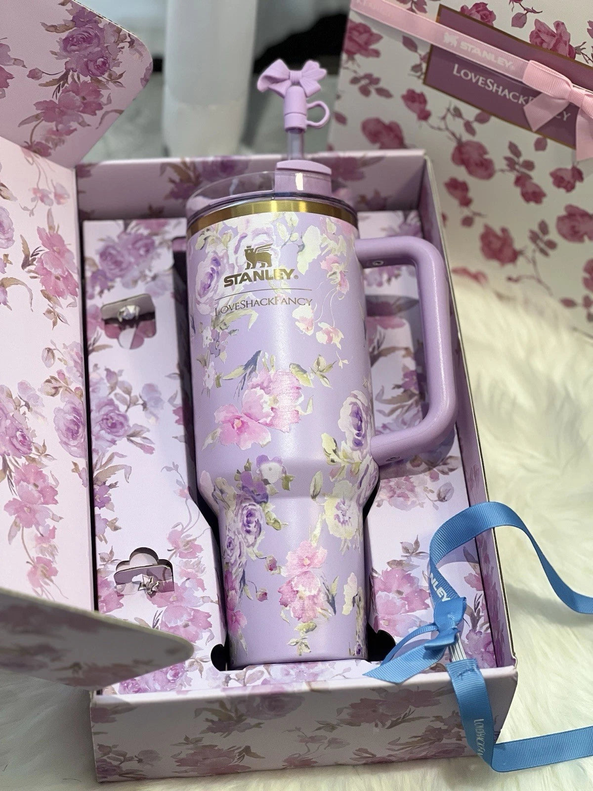 Lavender Floral Insulated Tumbler with Handle, Pink Purple Rose Design Gift Set