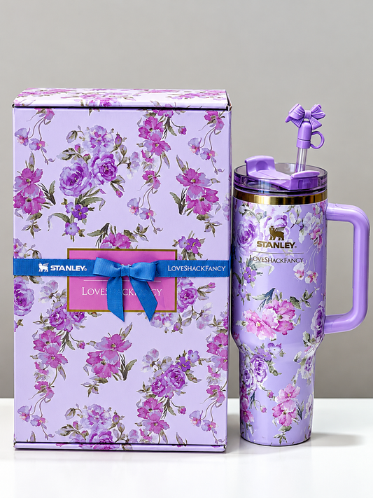 Lavender Floral Insulated Tumbler with Handle, Pink Purple Rose Design Gift Set