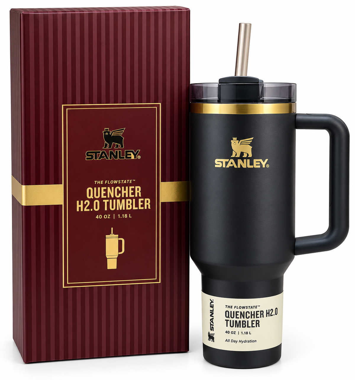 Matte Black Insulated Tumbler with Handle, Gold Accents, Reusable Straw, 40 oz Travel Cup