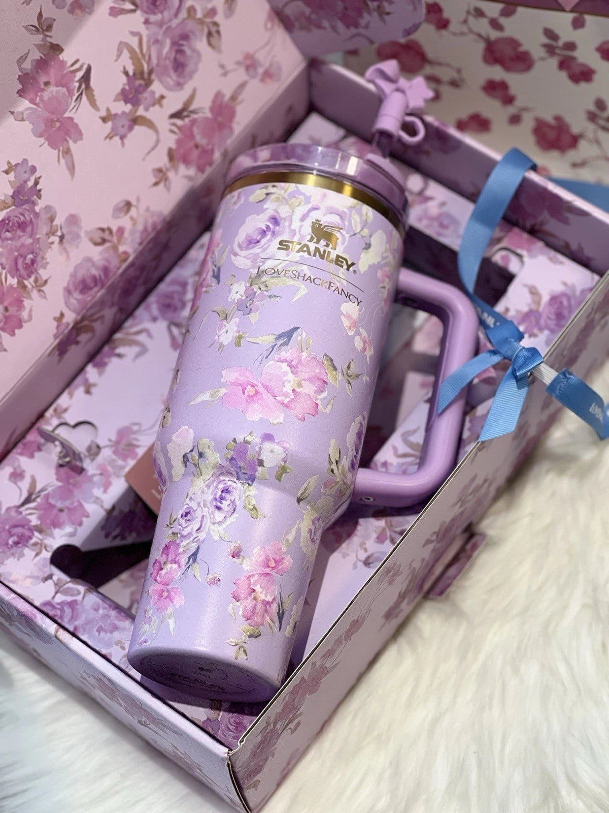 Lavender Floral Insulated Tumbler with Handle, Pink Purple Rose Design Gift Set