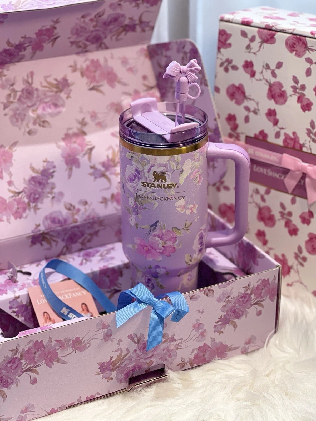 Lavender Floral Insulated Tumbler with Handle, Pink Purple Rose Design Gift Set