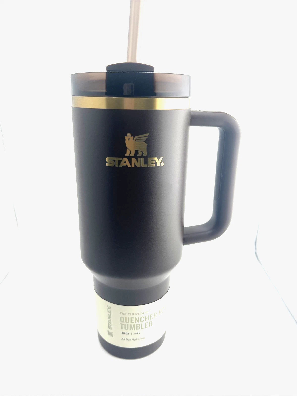 Matte Black Insulated Tumbler with Handle, Gold Accents, Reusable Straw, 40 oz Travel Cup